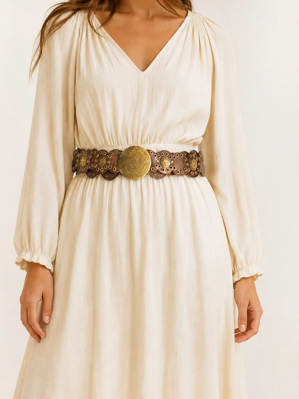 Brown Faux Leather Concho Disc Belt Brass Western Boho Statement